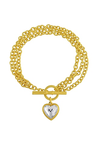 Gold Plated (Water Resistance Premium Plating) Layering Chain Crystal Heart Bracelet by Arvino