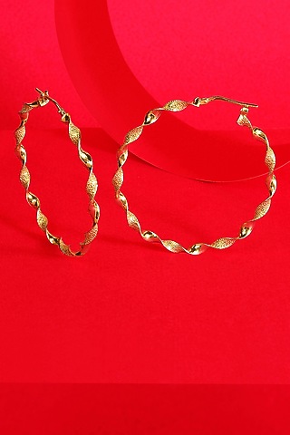 Gold Finish Twisted Hoop Earrings In Sterling Silver by ARVINO