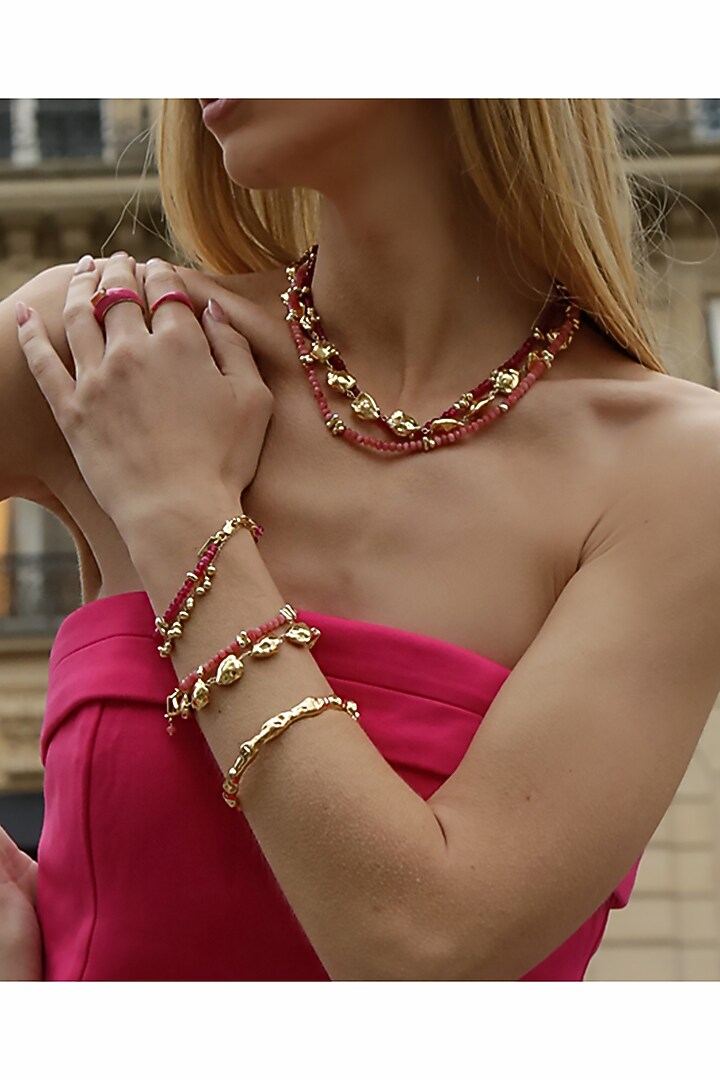 Gold Finish Pink Tourmaline Beaded Bracelet by Arvino at Pernia's Pop Up Shop