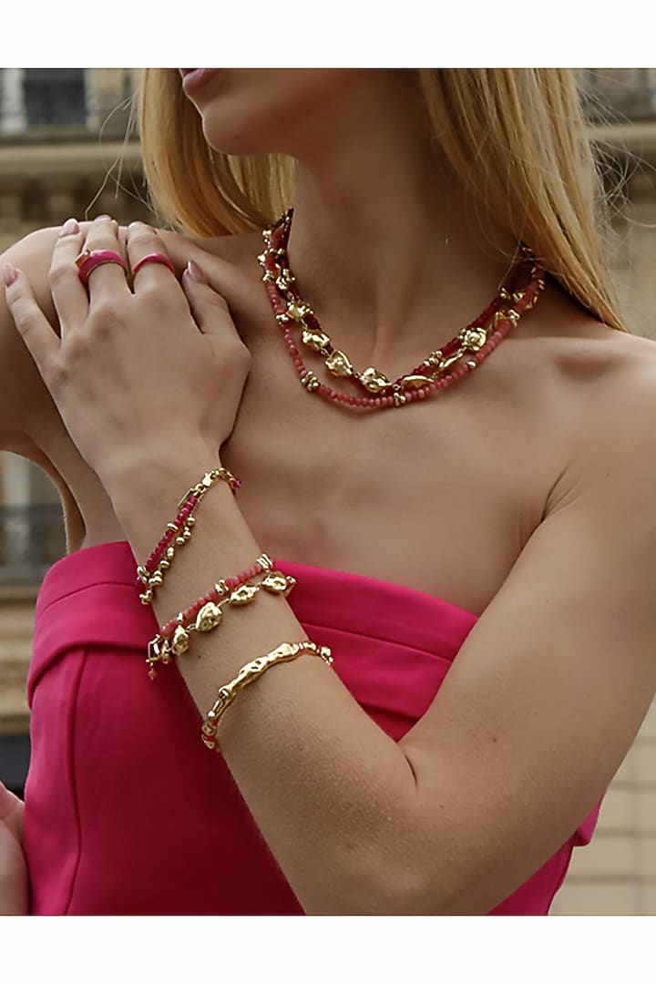 Gold Finish Pink Jade Beaded Bracelet by Arvino at Pernia's Pop Up Shop