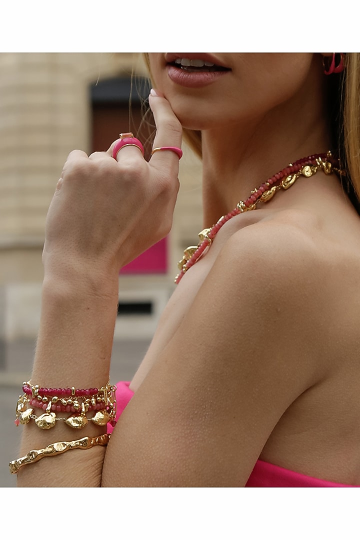 Gold Finish Pink Jade Beaded Bracelet by Arvino at Pernia's Pop Up Shop