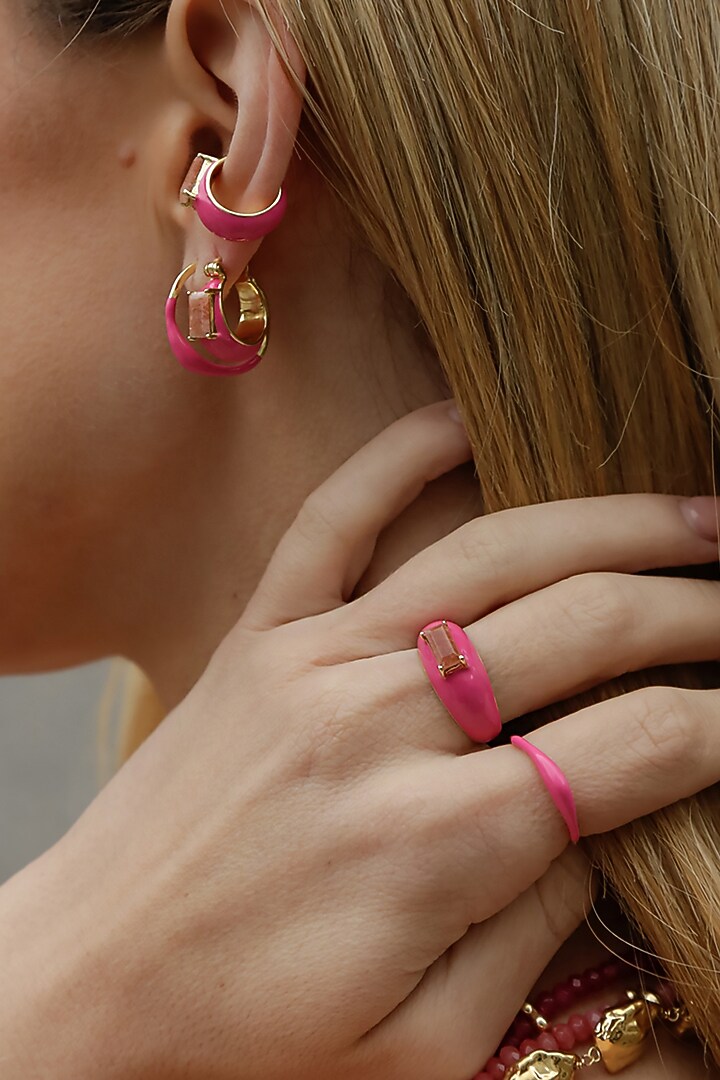 Gold Finish Pink Enameled Sunstone Ear Cuff In Sterling Silver by ARVINO at Pernia's Pop Up Shop