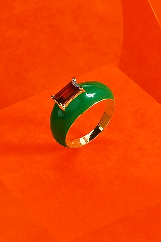 Gold Finish Green Garnet Ring In Sterling Silver by ARVINO
