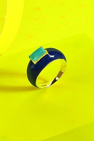 Gold Finish Turquoise Ring In Sterling Silver by ARVINO