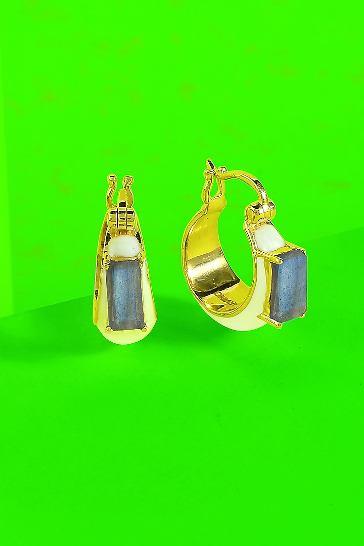 Gold Finish White Labradorite Huggie Earrings In Sterling Silver by ARVINO