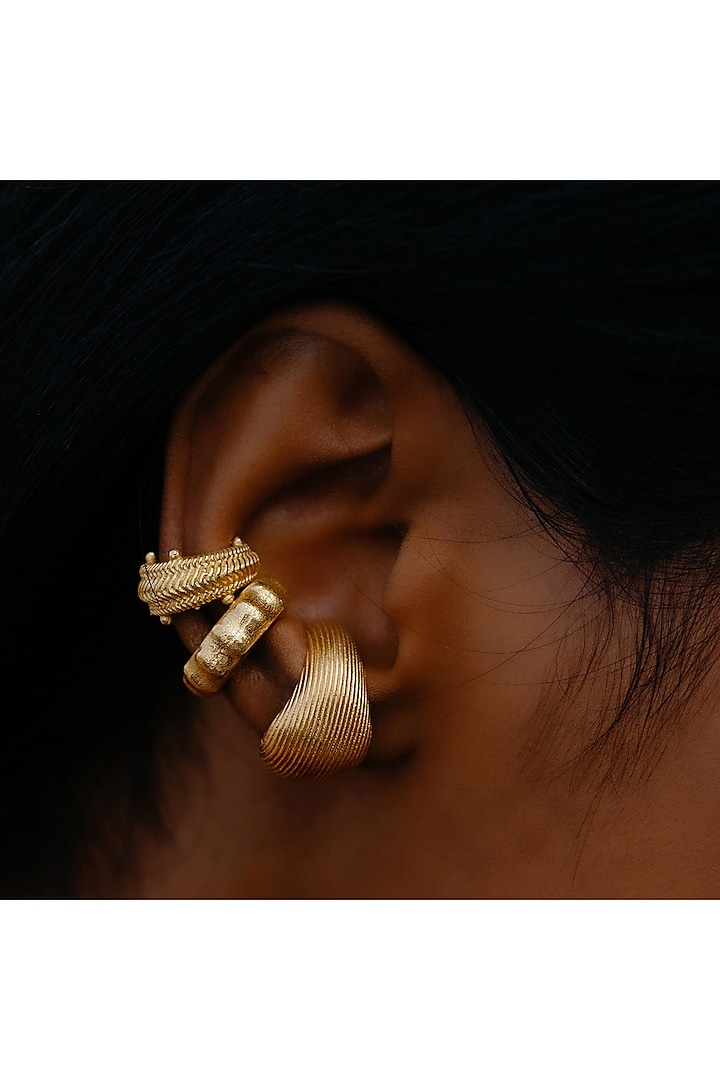 Gold Finish Dotted Carved Ear Cuff by ARVINO at Pernia's Pop Up Shop