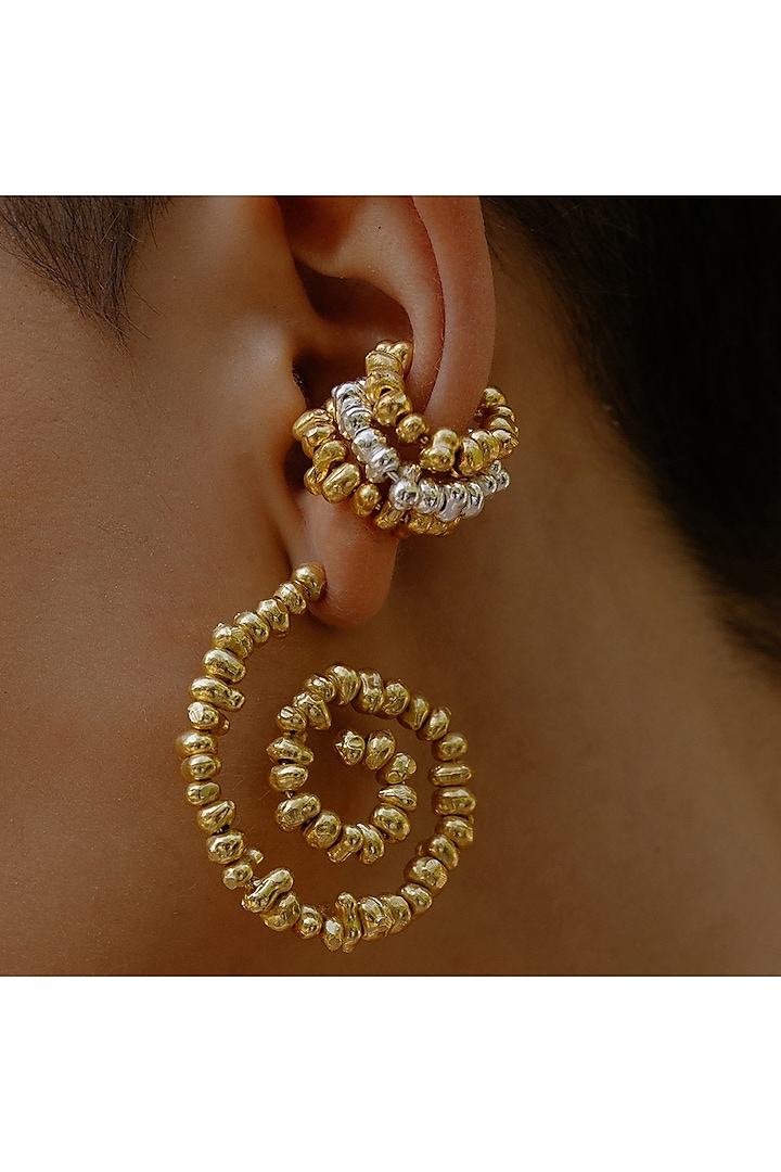 Gold Finish Molten Beaded Spiral Earrings by ARVINO at Pernia's Pop Up Shop