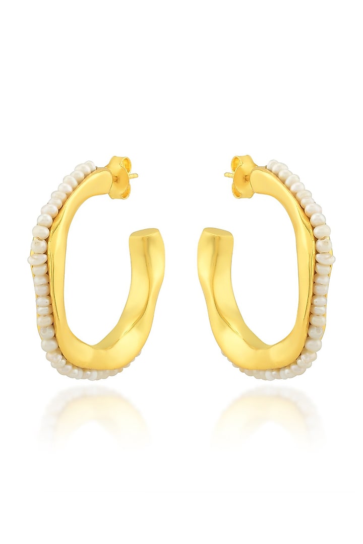 Gold Finish Pearl Hoop Earrings by ARVINO