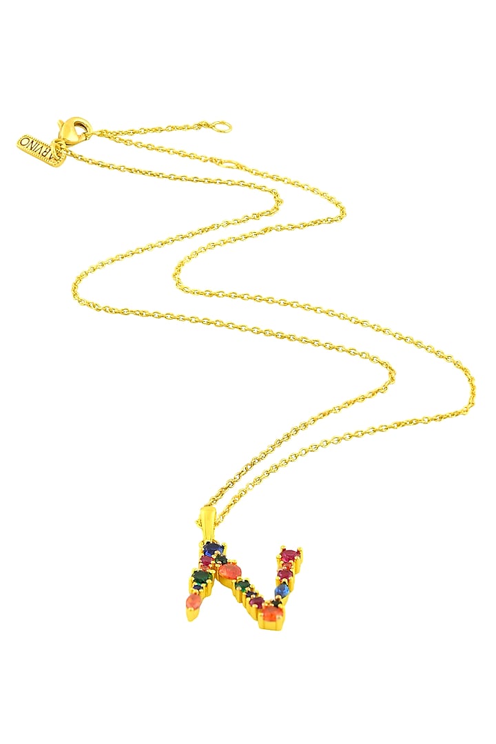 Gold Finish Multi-Colored Cubic Zirconia N Initial Necklace by Arvino