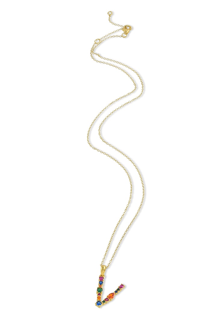 Gold Finish Multi-Colored Cubic Zirconia V Initial Necklace by Arvino