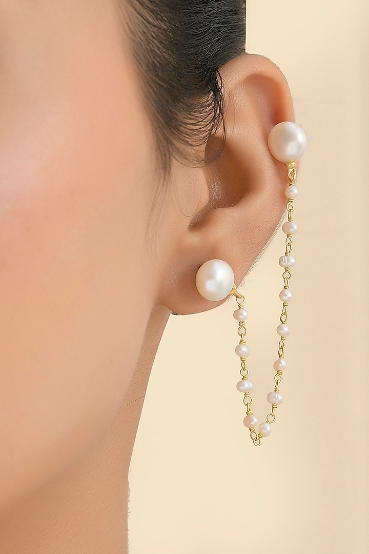 Gold Finish Pearl Chain Beaded Earrings by Arvino