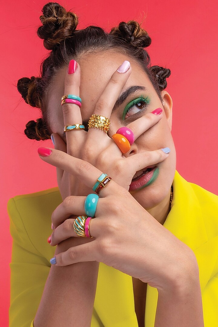 Gold Finish Pink Enamel Dome Ring by ARVINO at Pernia's Pop Up Shop