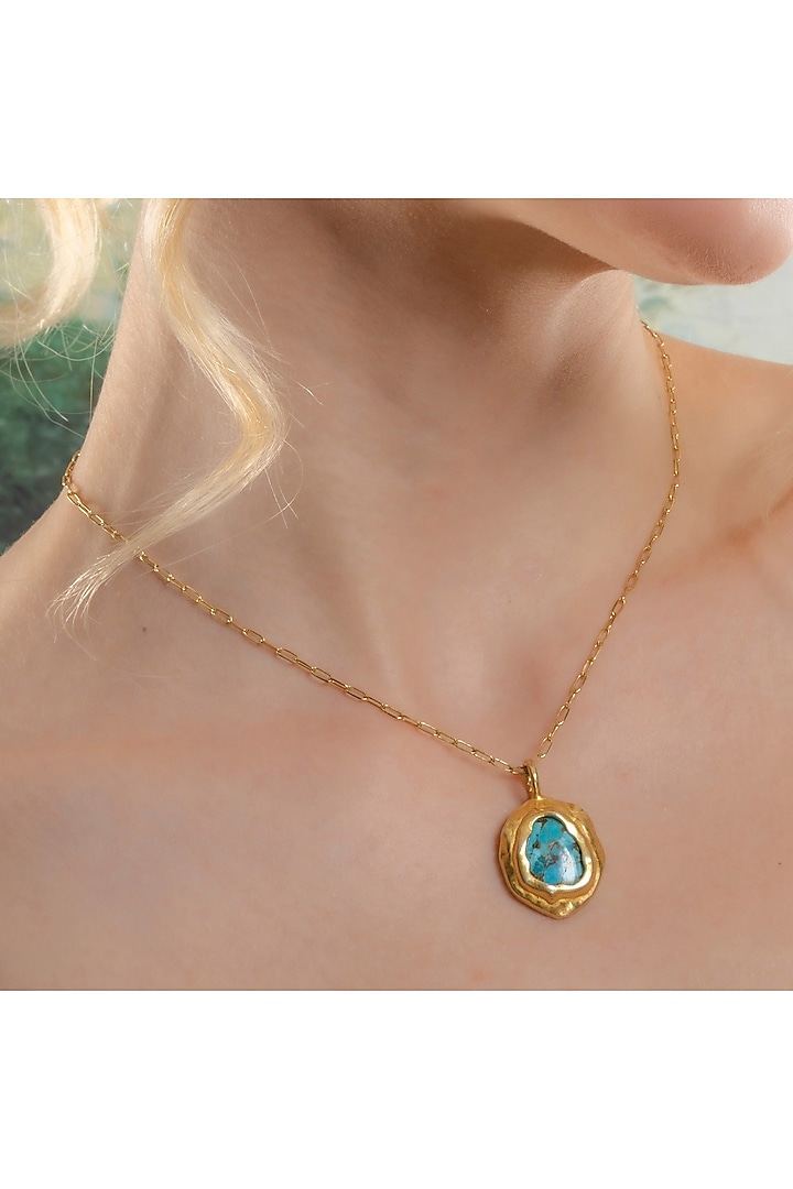 Gold Finish Turquoise Stone Chunk Necklace by ARVINO at Pernia's Pop Up Shop