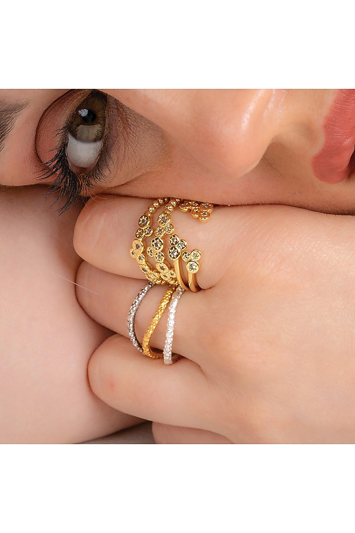 Gold Finish White Cubic Zirconia Open Trio Ring by ARVINO at Pernia's Pop Up Shop