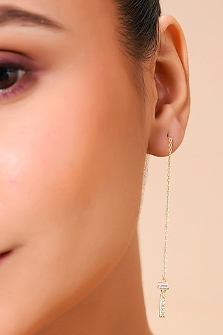 Gold Finish White Cz Threader Chain Dangler Earrings by Arvino