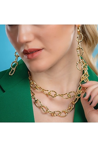 Gold Finish Textured Link Necklace by Arvino