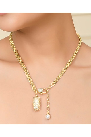 Gold Finish Pearl & Cz Mesh Necklace by Arvino