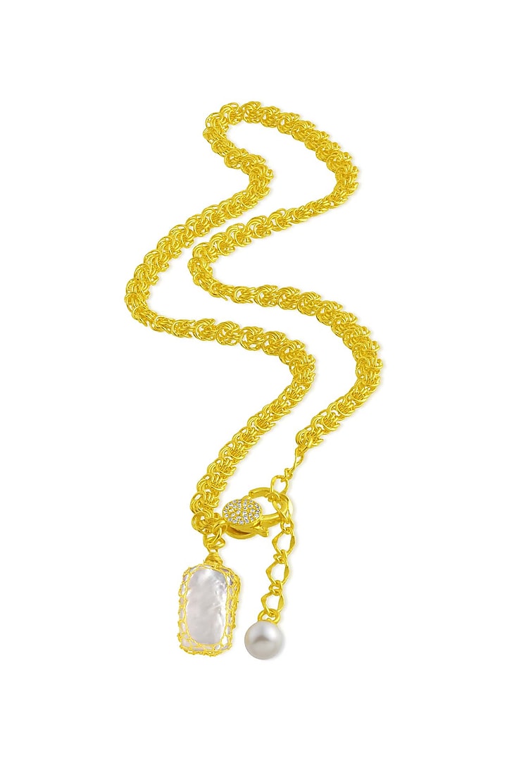 Gold Finish Pearl & Cz Mesh Necklace by Arvino at Pernia's Pop Up Shop