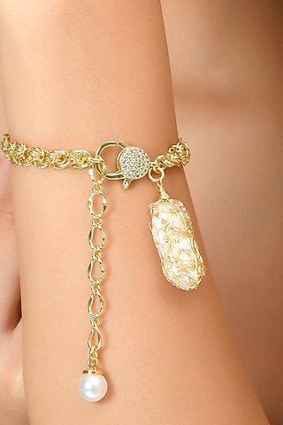 Gold Finish Pearl & Cz Mesh Bracelet by Arvino