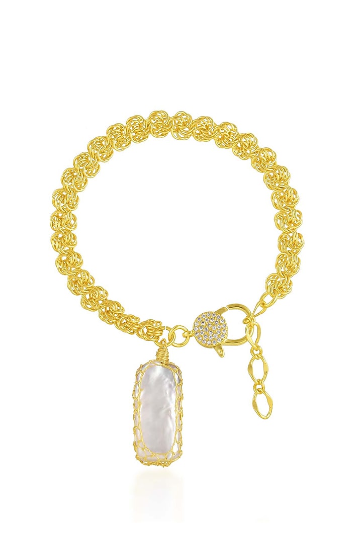 Gold Finish Pearl & Cz Mesh Bracelet by Arvino at Pernia's Pop Up Shop
