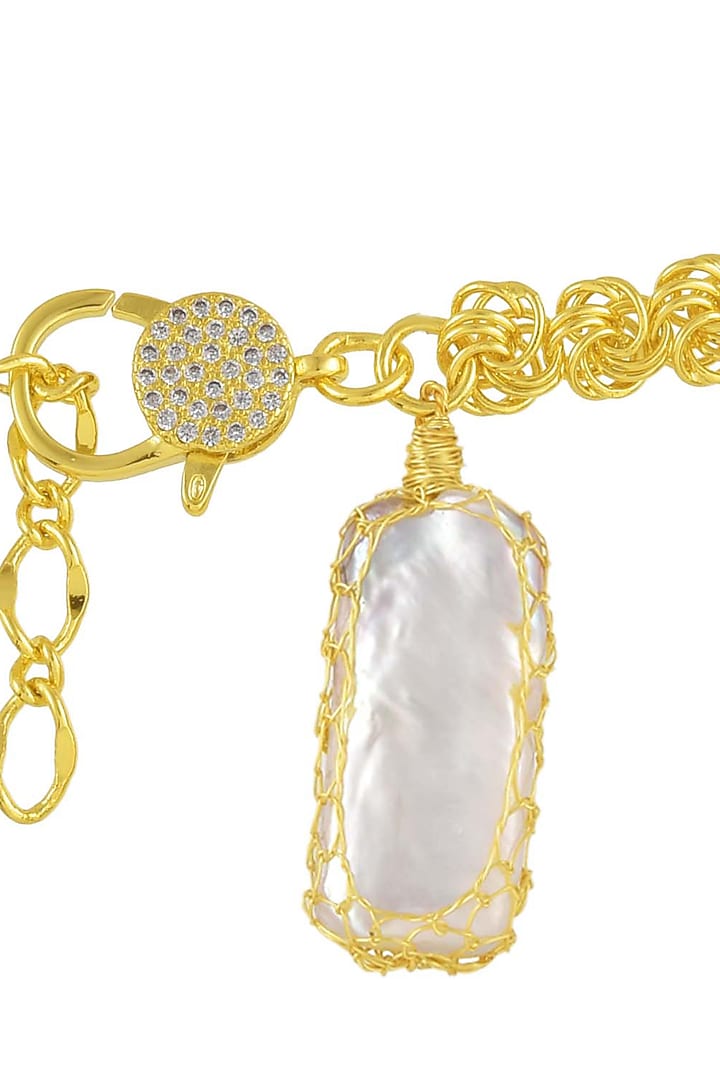 Gold Finish Pearl & Cz Mesh Bracelet by Arvino at Pernia's Pop Up Shop