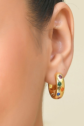 Gold Finish Multi-Colored Cubic Zirconia Hoop Earrings by Arvino