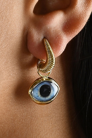 Gold Finish Evil Eye Dangling Huggie Earrings by Arvino