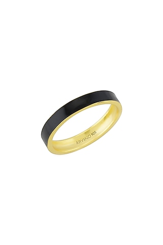 Gold Finish Black Enamel Ring In Sterling Silver by ARVINO
