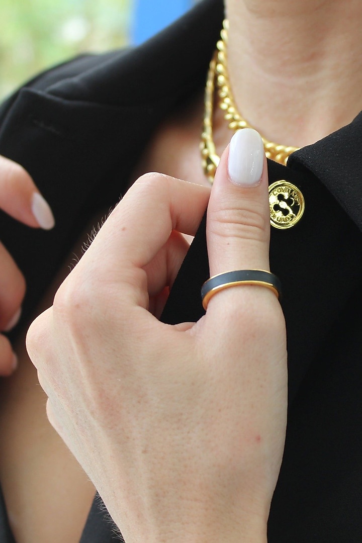 Gold Finish Black Enamel Ring In Sterling Silver by ARVINO at Pernia's Pop Up Shop