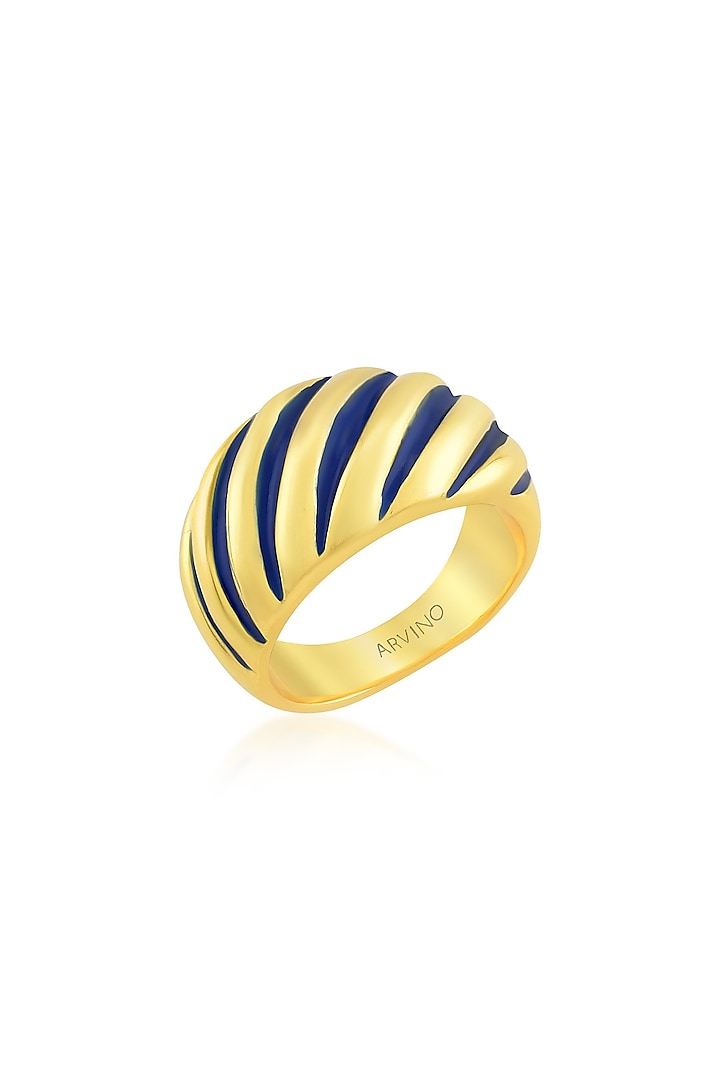 Gold Finish Dark Blue Enameled Croissant Ring by ARVINO