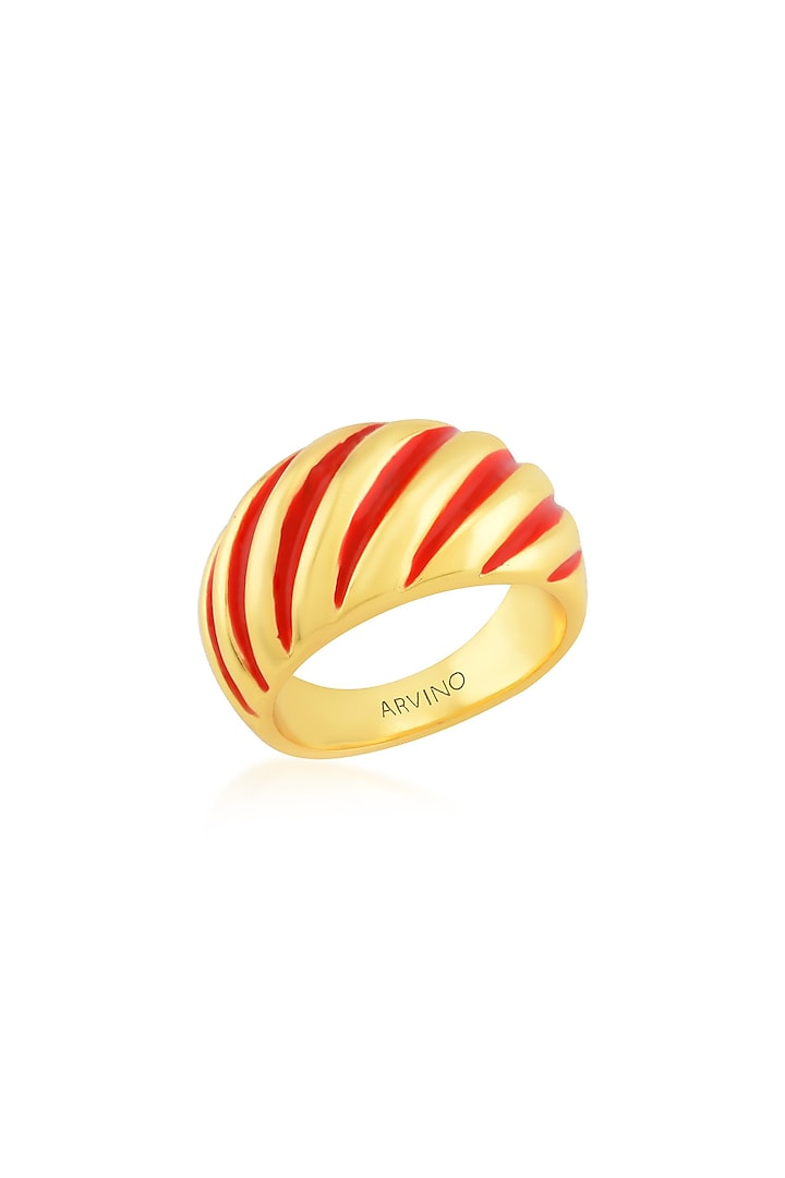 Gold Finish Red Enameled Croissant Ring by ARVINO