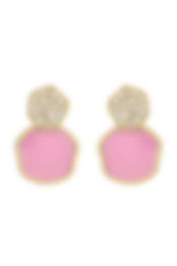 Gold Finish Pink Enameled Earrings In Sterling Silver by Arvino