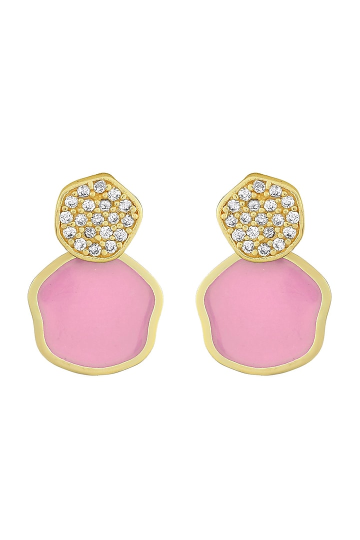 Gold Finish Pink Enameled Earrings In Sterling Silver by Arvino