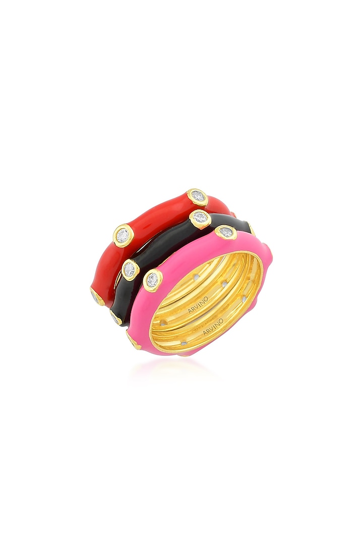 Gold Finish Enameled Rings (Set Of 3) by ARVINO