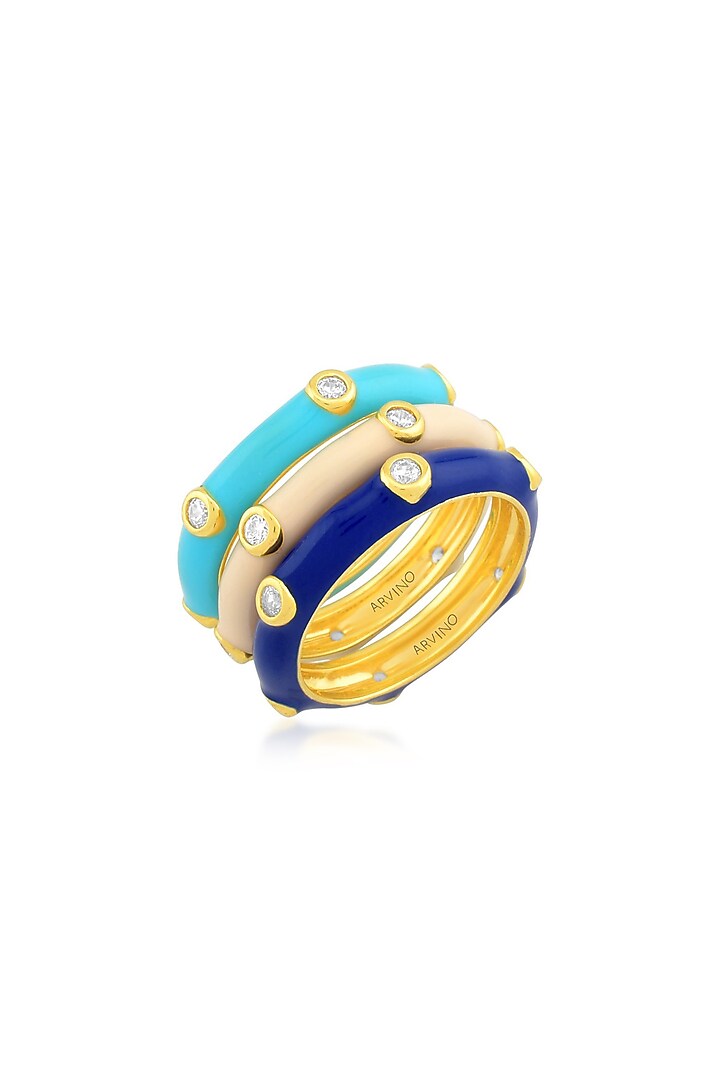 Gold Finish Zircon Enameled Rings (Set Of 3) by ARVINO