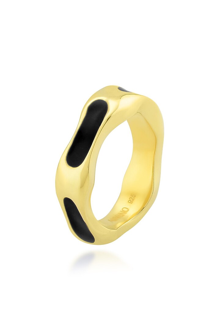 Gold Finish Textured Black Enameled Ring In Sterling Silver by Arvino
