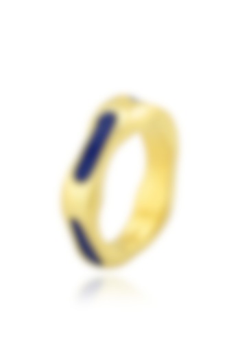 Gold Finish Textured Dark Blue Enameled Ring In Sterling Silver by ARVINO