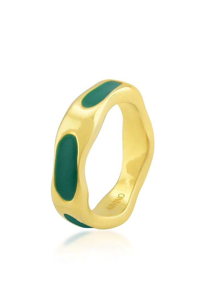 Gold Finish Textured Dark Green Enameled Ring In Sterling Silver by Arvino