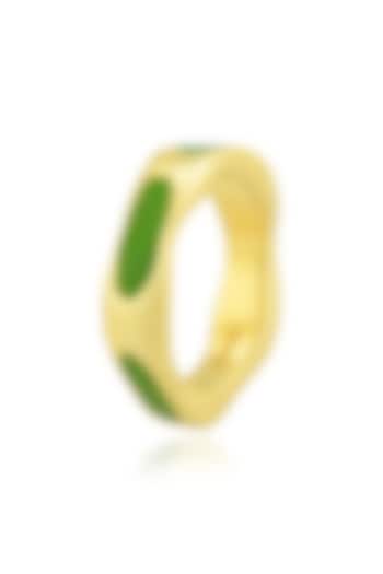 Gold Finish Textured Light Green Enameled Ring In Sterling Silver by ARVINO