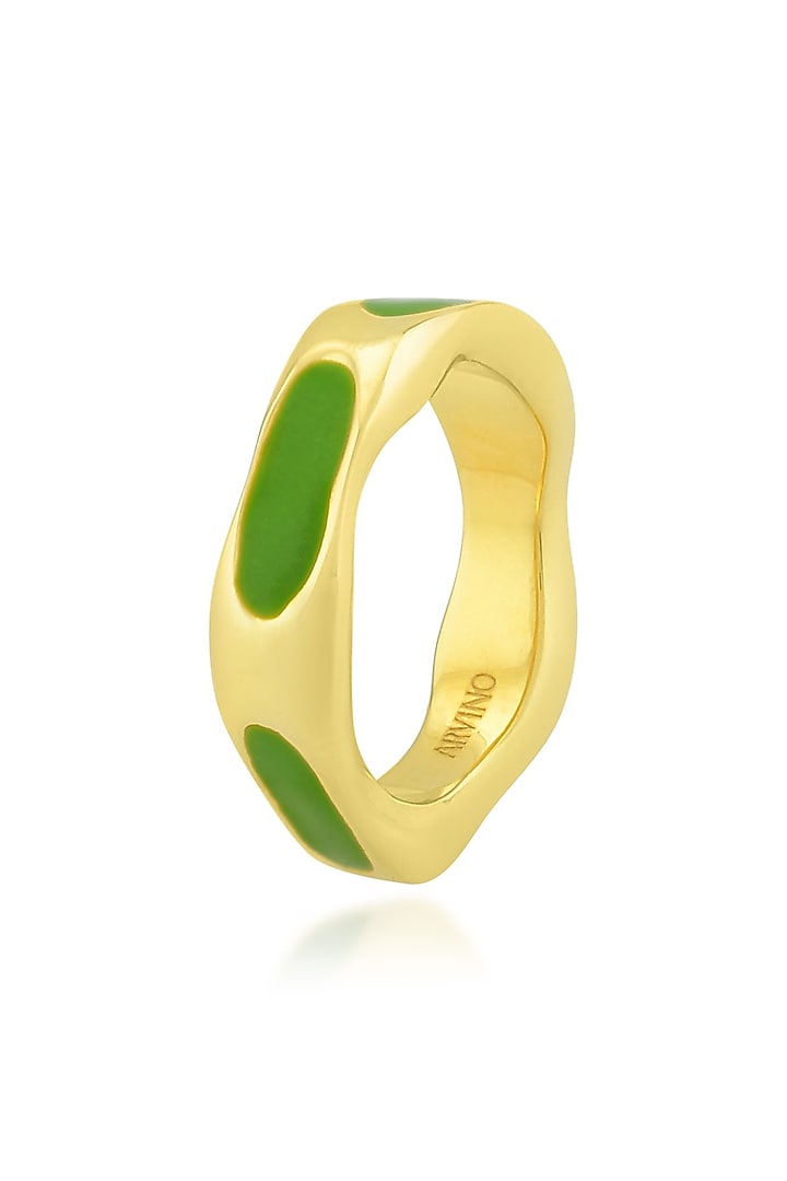 Gold Finish Textured Light Green Enameled Ring In Sterling Silver by ARVINO