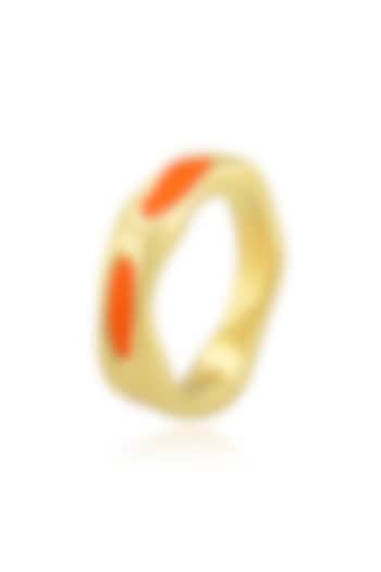 Gold Finish Textured Orange Enameled Ring In Sterling Silver by ARVINO