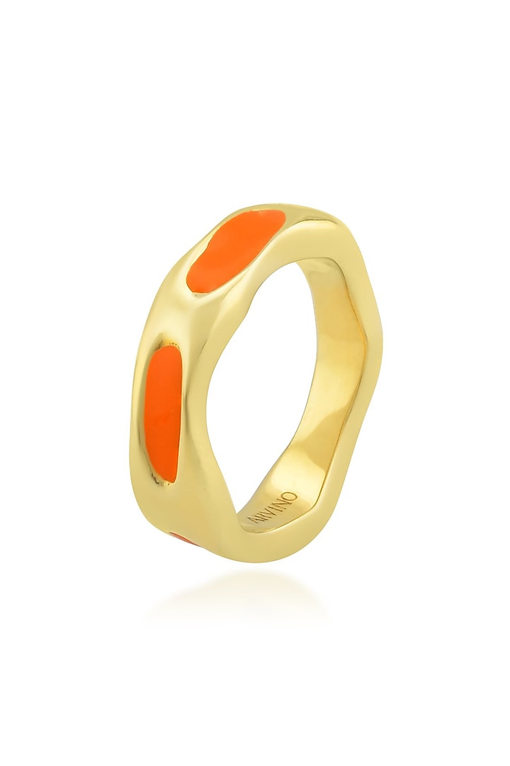 Gold Finish Textured Orange Enameled Ring In Sterling Silver by Arvino