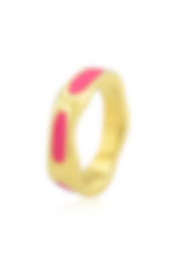 Gold Finish Textured Pink Enameled Ring In Sterling Silver by ARVINO