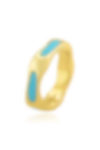 Gold Finish Textured Sky Blue Enameled Ring In Sterling Silver by ARVINO