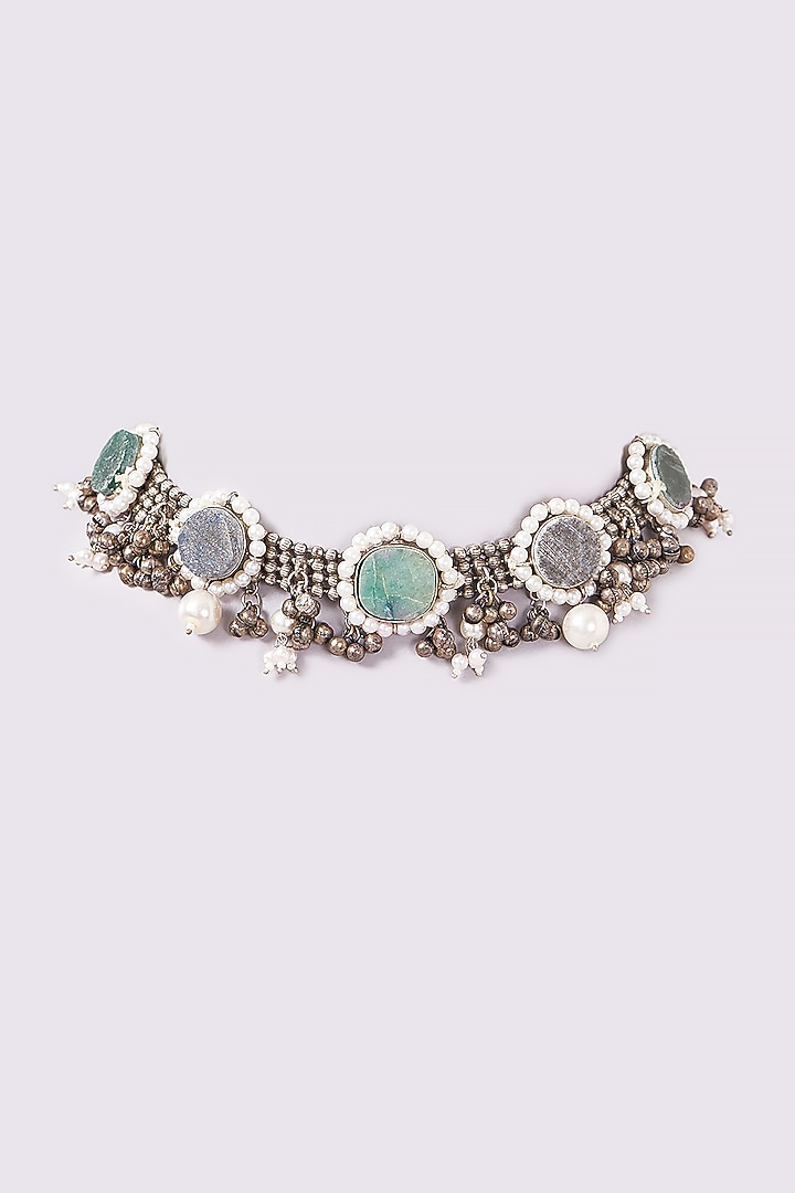 Oxidised Finish Natural Stone & Pearl Choker Necklace by ARNIMAA at Pernia's Pop Up Shop