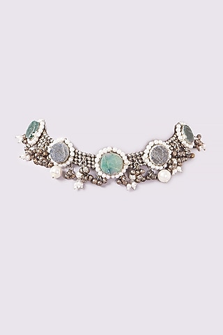 Oxidised Finish Natural Stone & Pearl Choker Necklace by ARNIMAA