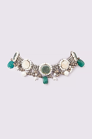 Oxidised Finish Natural Stone & Pearl Choker Necklace by ARNIMAA