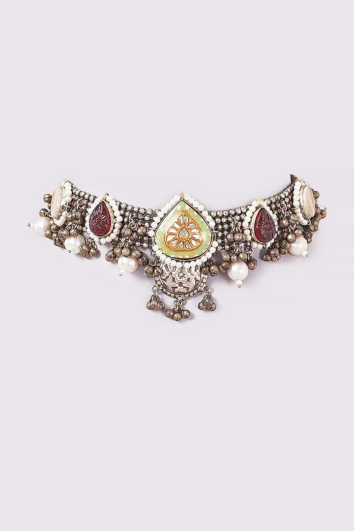 Oxidised Finish Agate & Pearl Choker Necklace by ARNIMAA at Pernia's Pop Up Shop