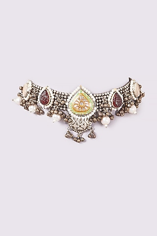 Oxidised Finish Agate & Pearl Choker Necklace by ARNIMAA
