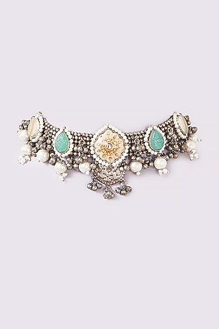 Oxidised Finish Agate & Pearl Choker Necklace by ARNIMAA